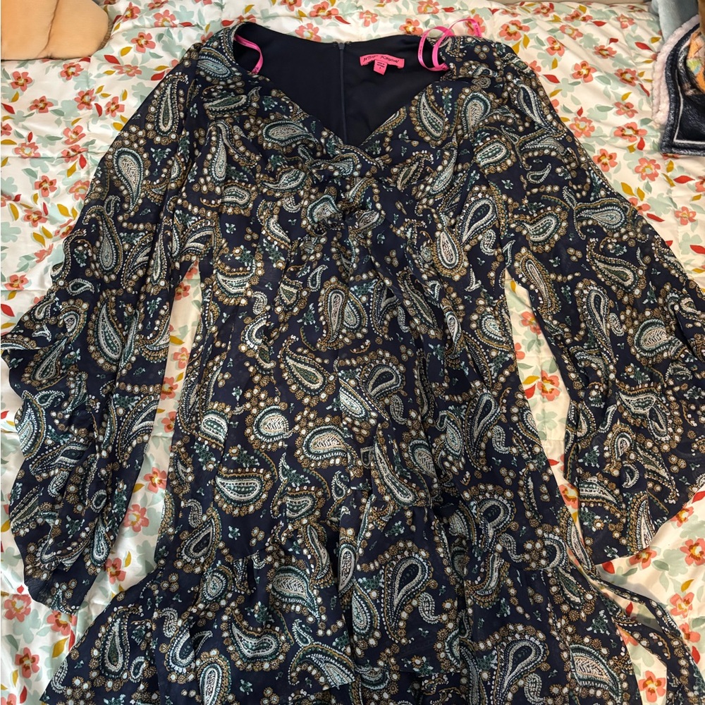 Betsey Johnson Black and Blue Paisley Long Sleeve Dress